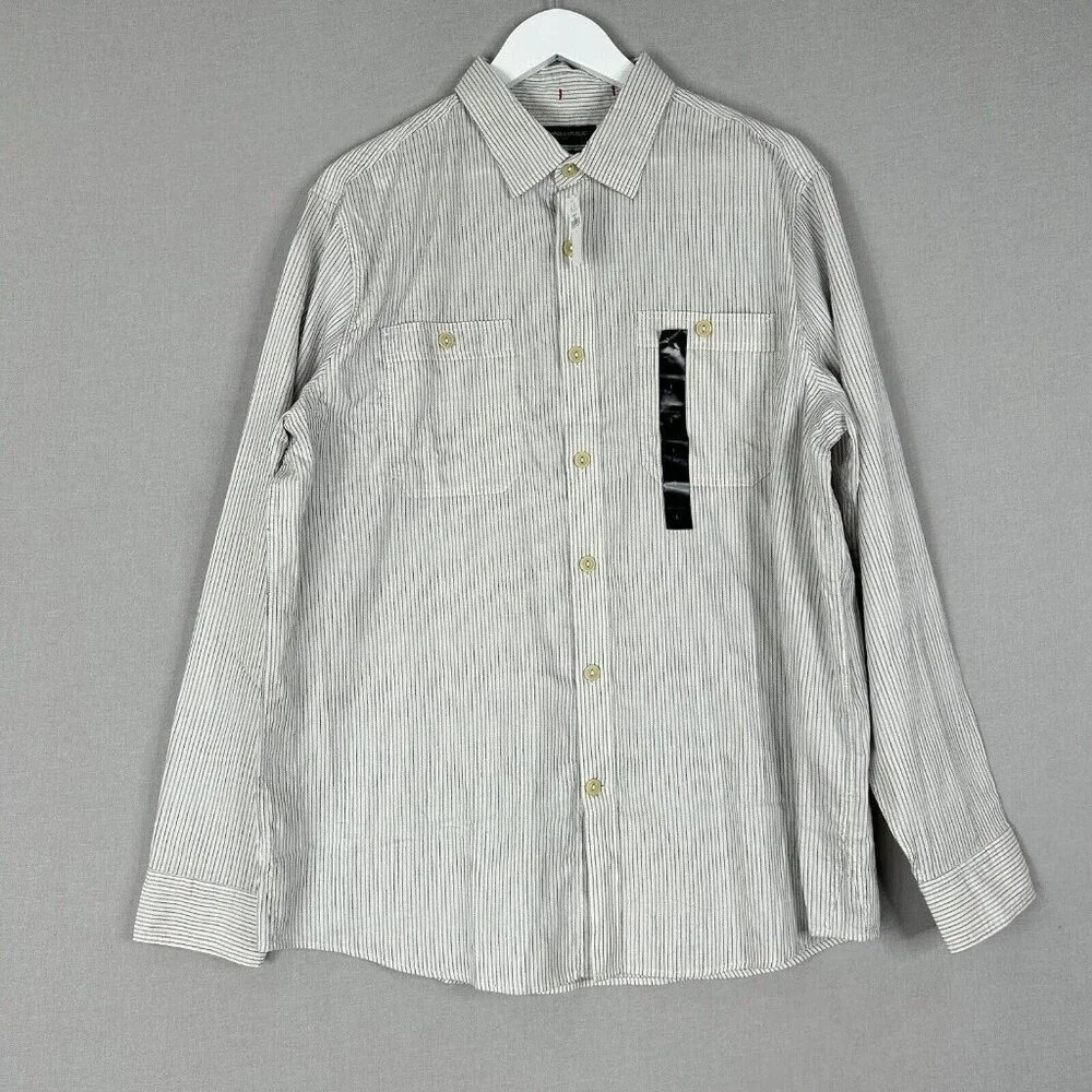 Banana Republic Mens Shirt Large White Coastal Mini Stripe Button Front Office
